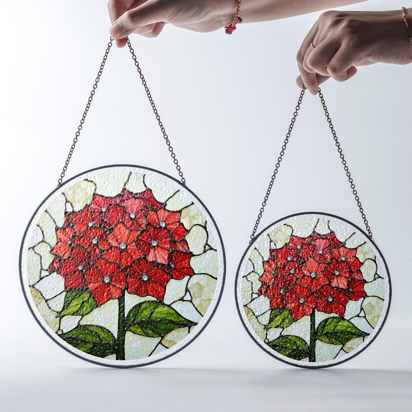 Red Hydrangea Flower Stained Glass Round Suncatcher for Garden Gift