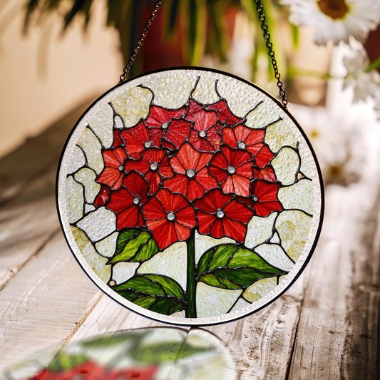 Red Hydrangea Flower Stained Glass Round Suncatcher for Garden Gift