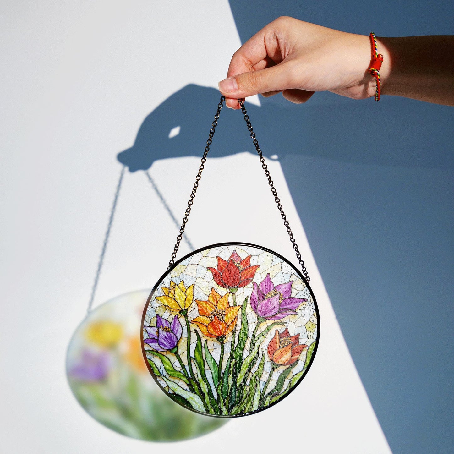 Colorful Tulip Garden Glass Suncatcher Round Floral Window Hanging Gift for Mom or Nature Lover