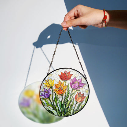 Colorful Tulip Garden Glass Suncatcher Round Floral Window Hanging Gift for Mom or Nature Lover