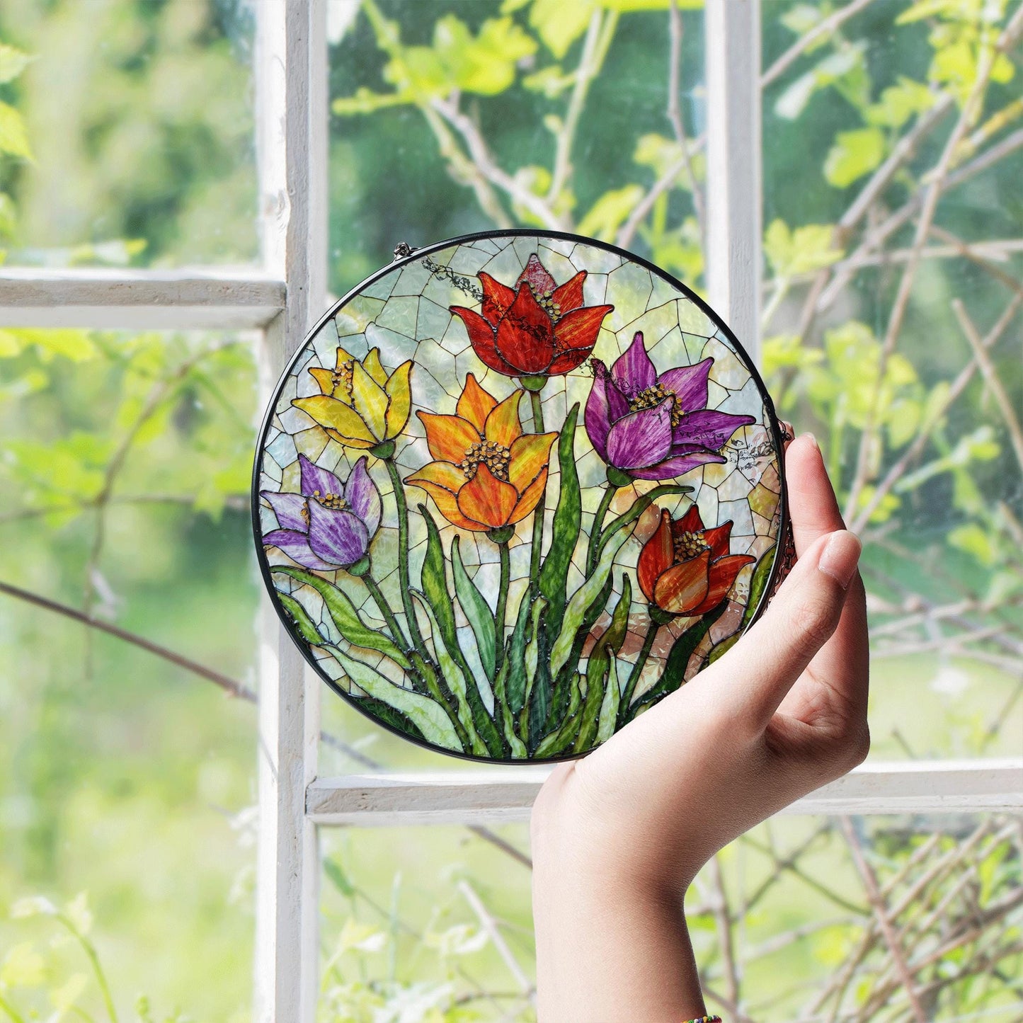 Colorful Tulip Garden Glass Suncatcher Round Floral Window Hanging Gift for Mom or Nature Lover