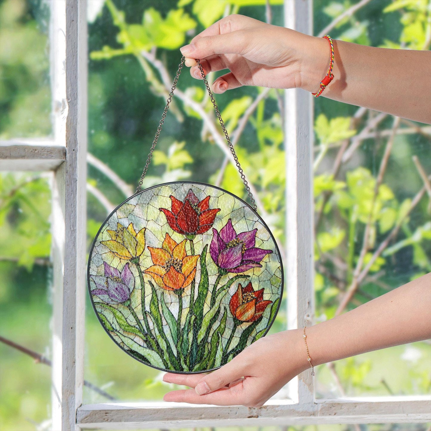 Colorful Tulip Garden Glass Suncatcher Round Floral Window Hanging Gift for Mom or Nature Lover