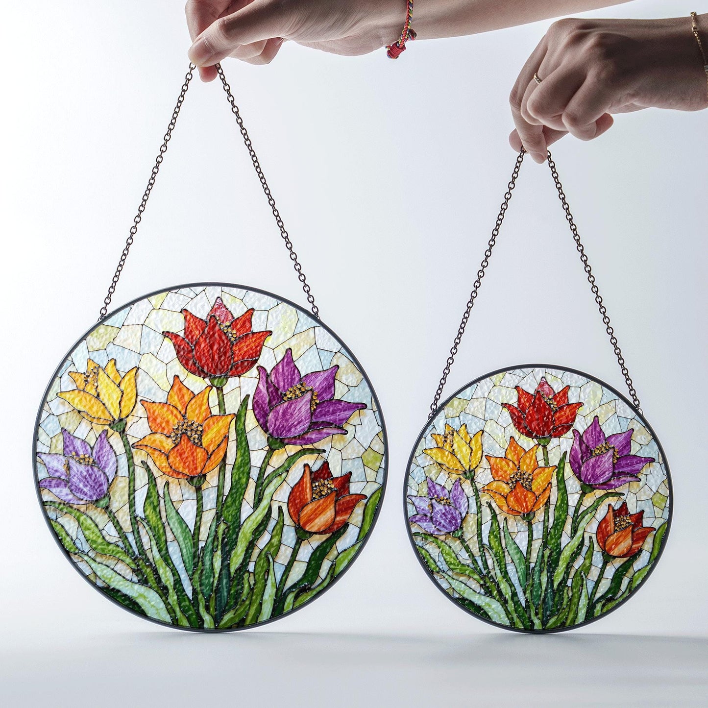 Colorful Tulip Garden Glass Suncatcher Round Floral Window Hanging Gift for Mom or Nature Lover