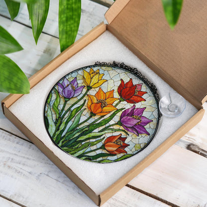 Colorful Tulip Garden Glass Suncatcher Round Floral Window Hanging Gift for Mom or Nature Lover