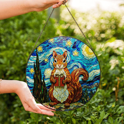 cute squirrel with gift night sky suncatcher stained glass animal decor gift for daughter