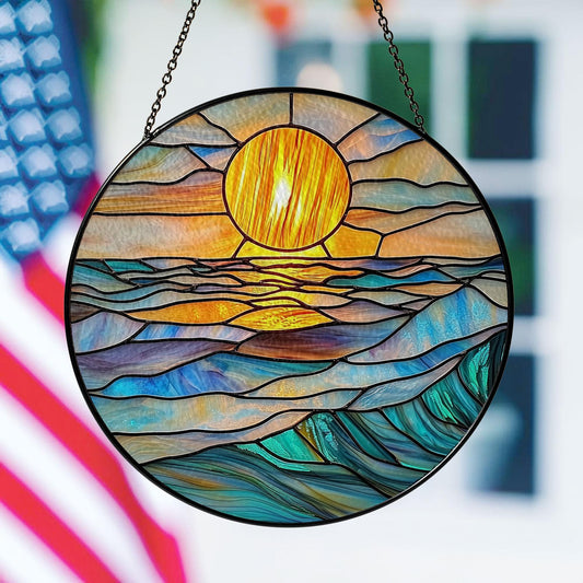 Round Stained Glass Suncatcher – Ocean Sunset with Glowing Sun, Waves in Blue, Aqua & Gold Tones – Coastal Window Hanging Art