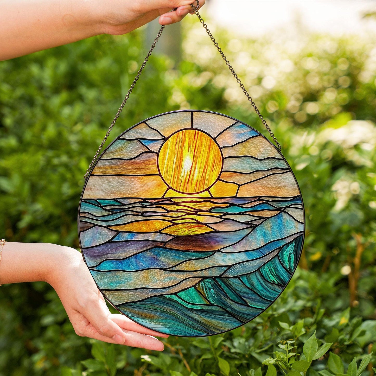 Round Stained Glass Suncatcher – Ocean Sunset with Glowing Sun, Waves in Blue, Aqua & Gold Tones – Coastal Window Hanging Art