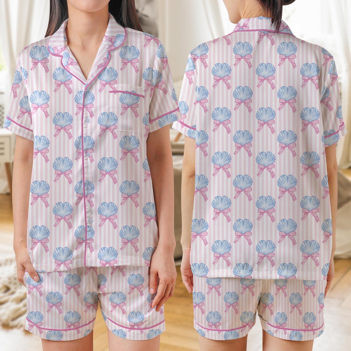 Summer Coquette Seashell AOP Satin Short-Sleeve Pajamas Set, Cute Beach Shell Sleepwear for Women, Soft Loungewear Gift