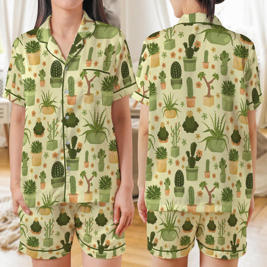 Cactus and Succulent AOP Satin Short-Sleeve Pajamas Set, Cute Plant Lover Sleepwear for Women, Botanical Loungewear Gift