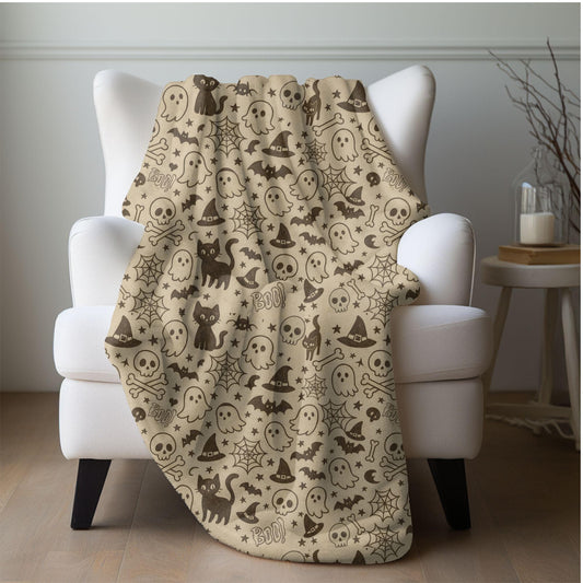 Retro Halloween Doodle Blanket Vintage Inspired Spooky Cottage Witch Throw Cute Ghost Fleece Cottagecore Black Cat Bat Skull & Bone Blanket