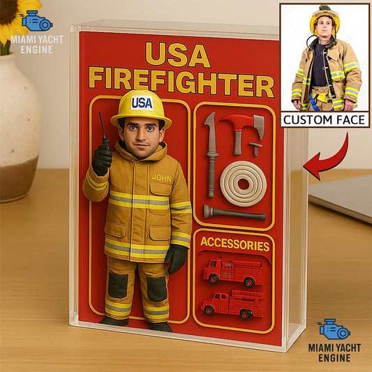 Custom USA Firefighter Acrylic Decor, Personalized Figure with Photo & Gear, Home or Office Display, Firefighter Gift
