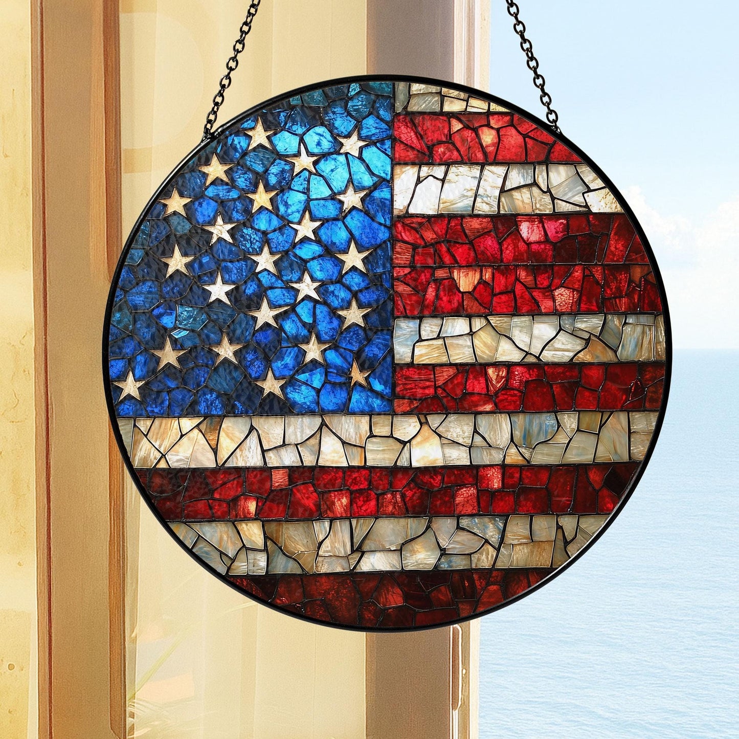 American Flag Stained Glass Suncatcher, Patriotic Window Decor, Rustic USA Theme, Veterans & Military Families, Fourth of July Gift