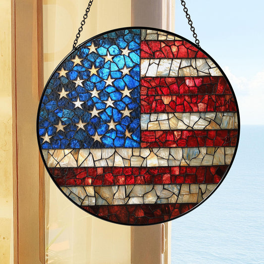 American Flag Stained Glass Suncatcher, Patriotic Window Decor, Rustic USA Theme, Veterans & Military Families, Fourth of July Gift