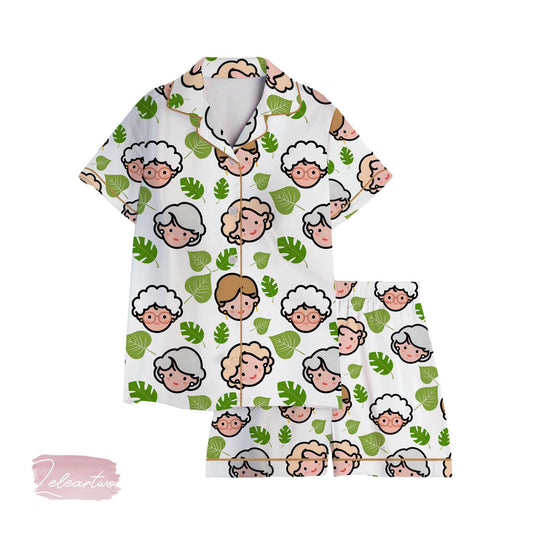 Girl Squad Set | Silky Satin Pajama Set for Women | Cute Granny Face Print Loungewear | Funny Gift for Besties & Girl Gang  Pajamas Set