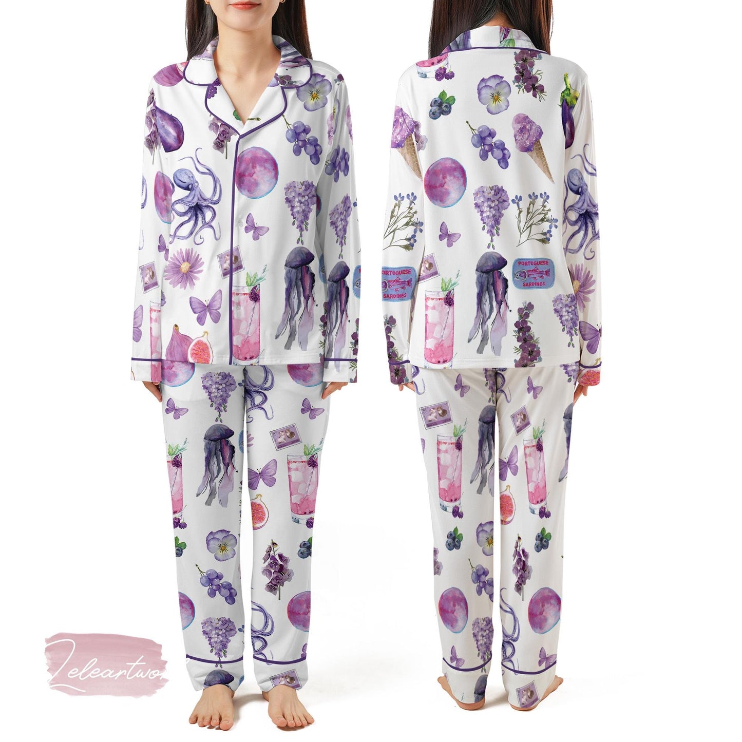 Purple Collection Set | Silky Satin Pajama Set for Women | Aesthetic Purple Print Sleepwear | Summer Loungewear Gift | Pastel Violet Lounge