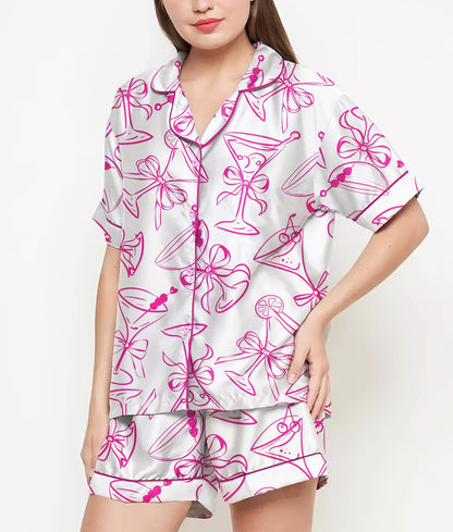 Martini Espresso Coquette Pajamas Satin Set, Pink Martini Shirt,Mother's Day Gift, Birthday Gift, Gift For Her, Bridesmaid Gifts, Women Gift