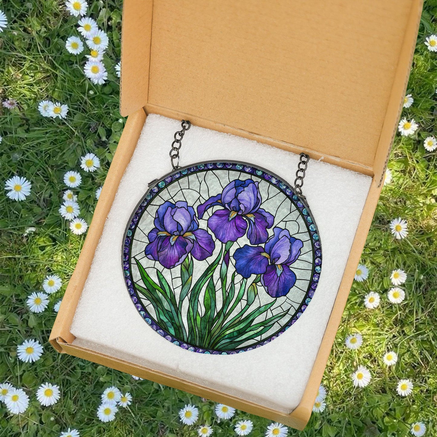 Purple Irises Stained Glass Suncatcher, Iris February Birth Month Flower Window Hanging, Flower Lovers Gift, Iris Suncatcher, Birthday Gift