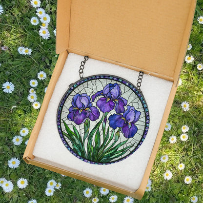 Purple Irises Stained Glass Suncatcher, Iris February Birth Month Flower Window Hanging, Flower Lovers Gift, Iris Suncatcher, Birthday Gift