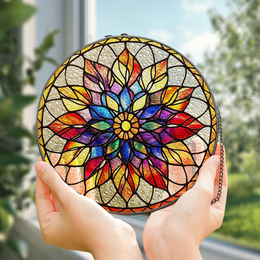 Mandala Stained Glass Suncatcher, Geometric Window Hanging Decor, Boho Sun Catcher Ornament, Colorful Glass Art, Outdoor Patio Wall Decor