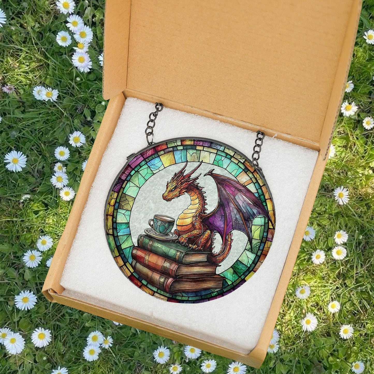 Dragon and Book Tea Suncatcher, Dragon Glass Suncacther, Fantasy Reader Ornament, Perfect Literary Gift for Book Lovers, Gift For Readers