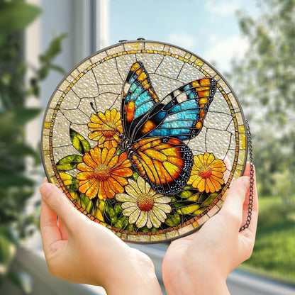 Butterfly With Flower Stained Glass Suncatcher, Monarch Butterfly Decor, Butterfly Lover Gift, Daisy Light Catcher, Gift For Gardener
