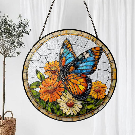 Butterfly With Flower Stained Glass Suncatcher, Monarch Butterfly Decor, Butterfly Lover Gift, Daisy Light Catcher, Gift For Gardener
