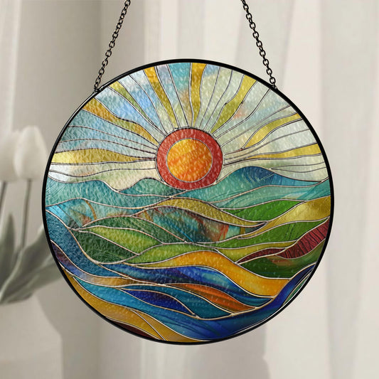 Sunrise Stained Glass Suncatcher, Colorful Landscape Window Hanging, Colorful Sunrise Window Art, Landscape Home Decor, Nature Lovers Gift