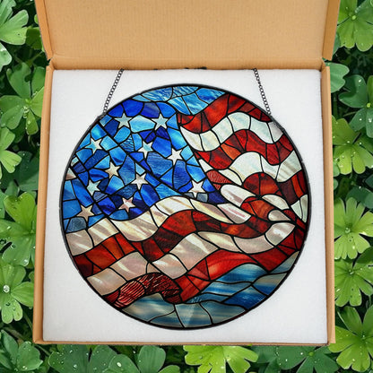 American Flag Stained Glass Suncatcher, Patriotic Window Decor, Rustic USA Theme, Veterans & Military Families, Fourth of July Gift