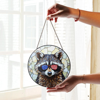 Patriotic raccoon mosaic stained glass suncatcher window decor Fourth of July gift for dad