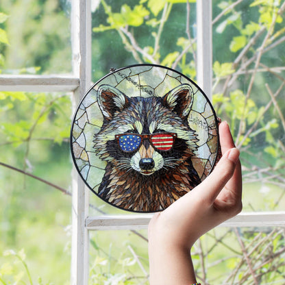 Patriotic raccoon mosaic stained glass suncatcher window decor Fourth of July gift for dad