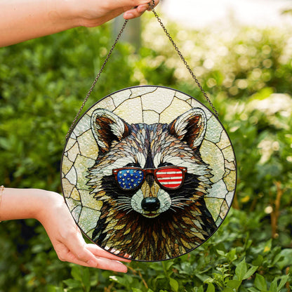 Patriotic raccoon mosaic stained glass suncatcher window decor Fourth of July gift for dad