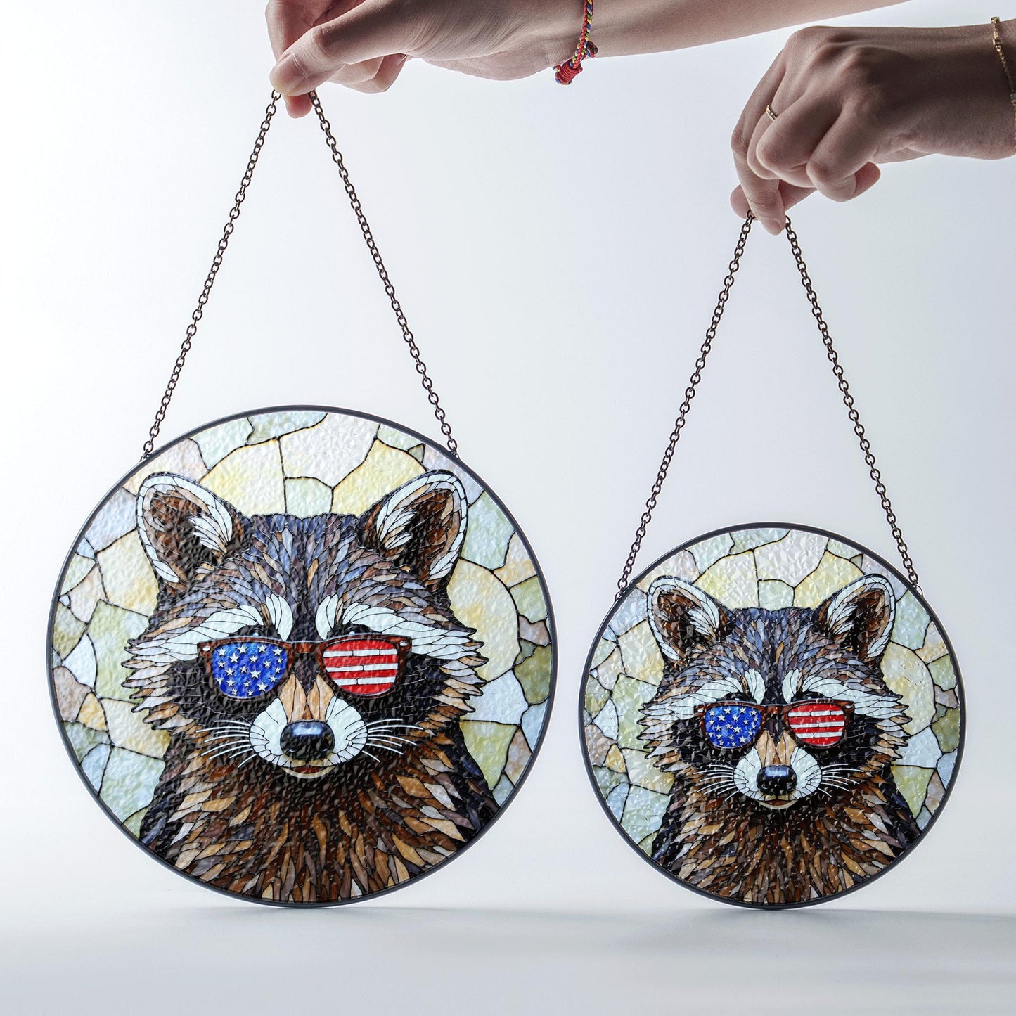 Patriotic raccoon mosaic stained glass suncatcher window decor Fourth of July gift for dad