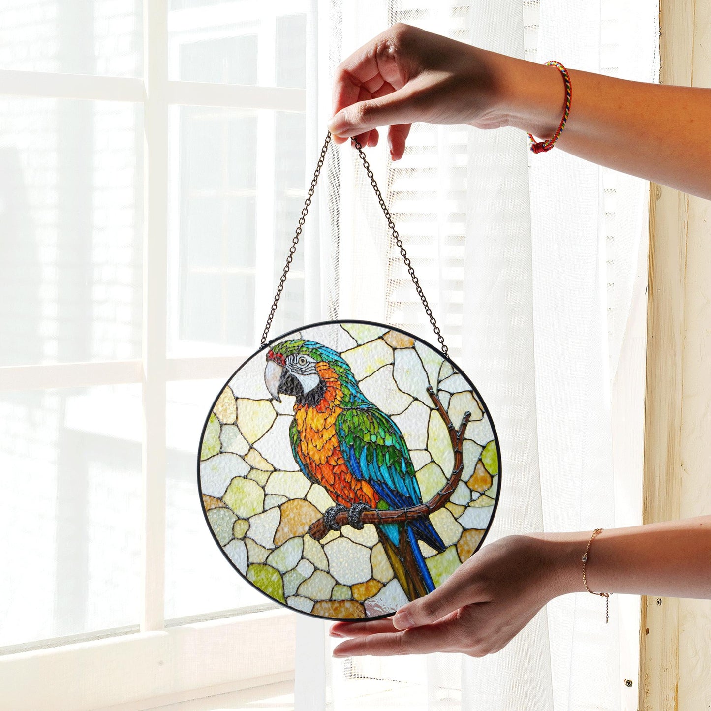 Vibrant macaw on branch stained glass suncatcher window decor Gift for bird lover birthday
