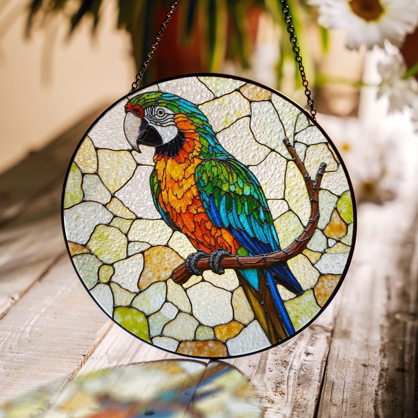 Vibrant macaw on branch stained glass suncatcher window decor Gift for bird lover birthday