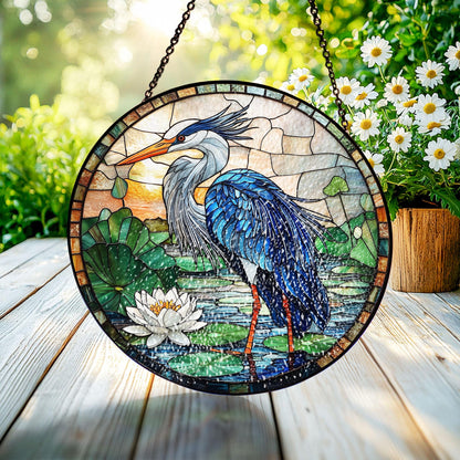 Blue Heron Stained Glass Suncatcher, Birds Lover Gift, Peaceful Art Window Hanging Decor, Bird Glass Suncatcher, Blue Heron Lovers Presents