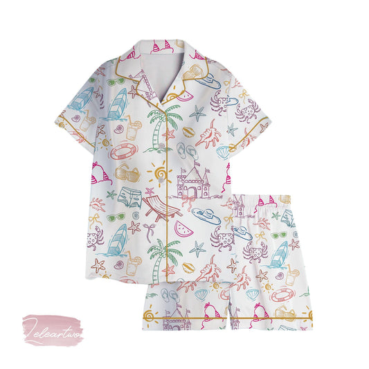 Cousins Beach Set | Silky Satin Pajama Set for Women | Summer Beach Print Loungewear | Lightweight Coastal Sleepwear | Girls Trip Gift Idea