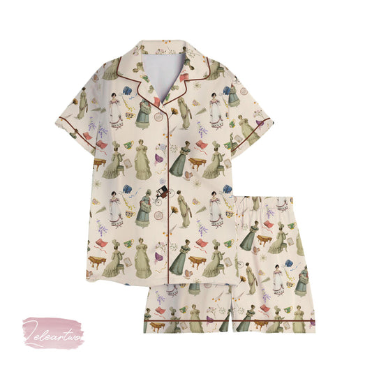 Miss Bennet Set | Silky Satin Pajama Set for Women | Jane Austen Regency Print Sleepwear | Bookish Cottagecore Loungewear