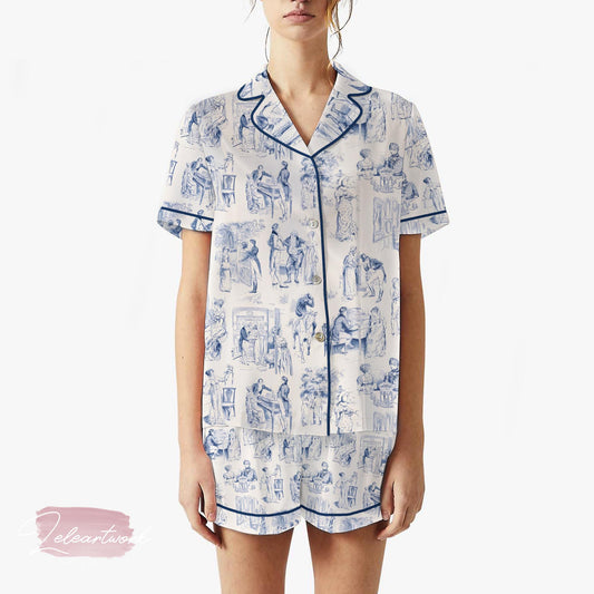 Pride and Prejudice Fanart | Silky Satin Pajama Set for Women | Jane Austen Toile Print Sleepwear | Literary Loungewear Gift