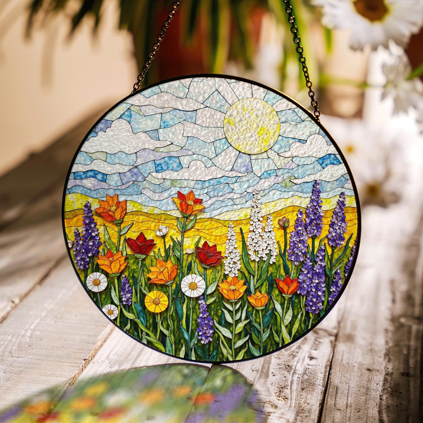 Sunlit Meadow Wildflower Landscape Round Stained Glass Suncatcher Window Hanging Gift for Mom Birthday
