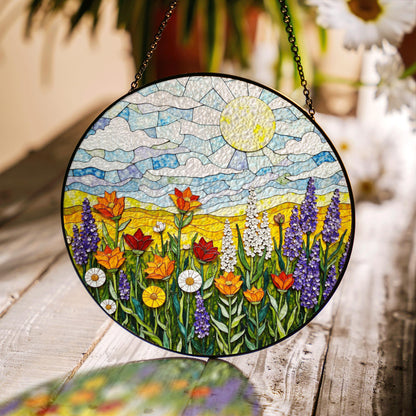 Sunlit Meadow Wildflower Landscape Round Stained Glass Suncatcher Window Hanging Gift for Mom Birthday