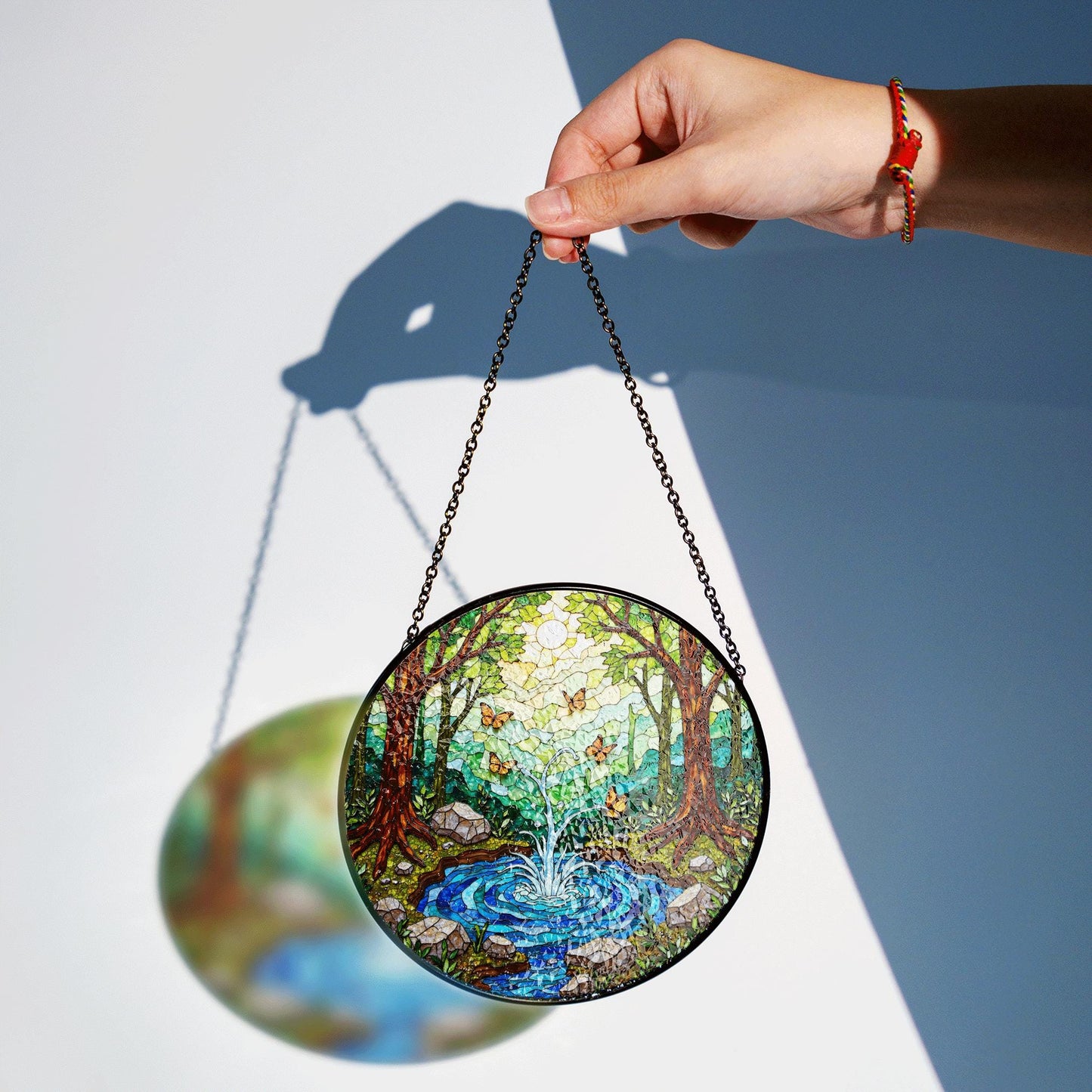 Forest pond butterflies scene stained glass round window suncatcher radiance nature art gift for mom housewarming friends
