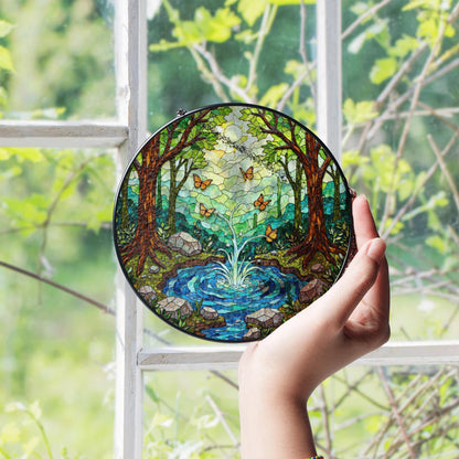 Forest pond butterflies scene stained glass round window suncatcher radiance nature art gift for mom housewarming friends