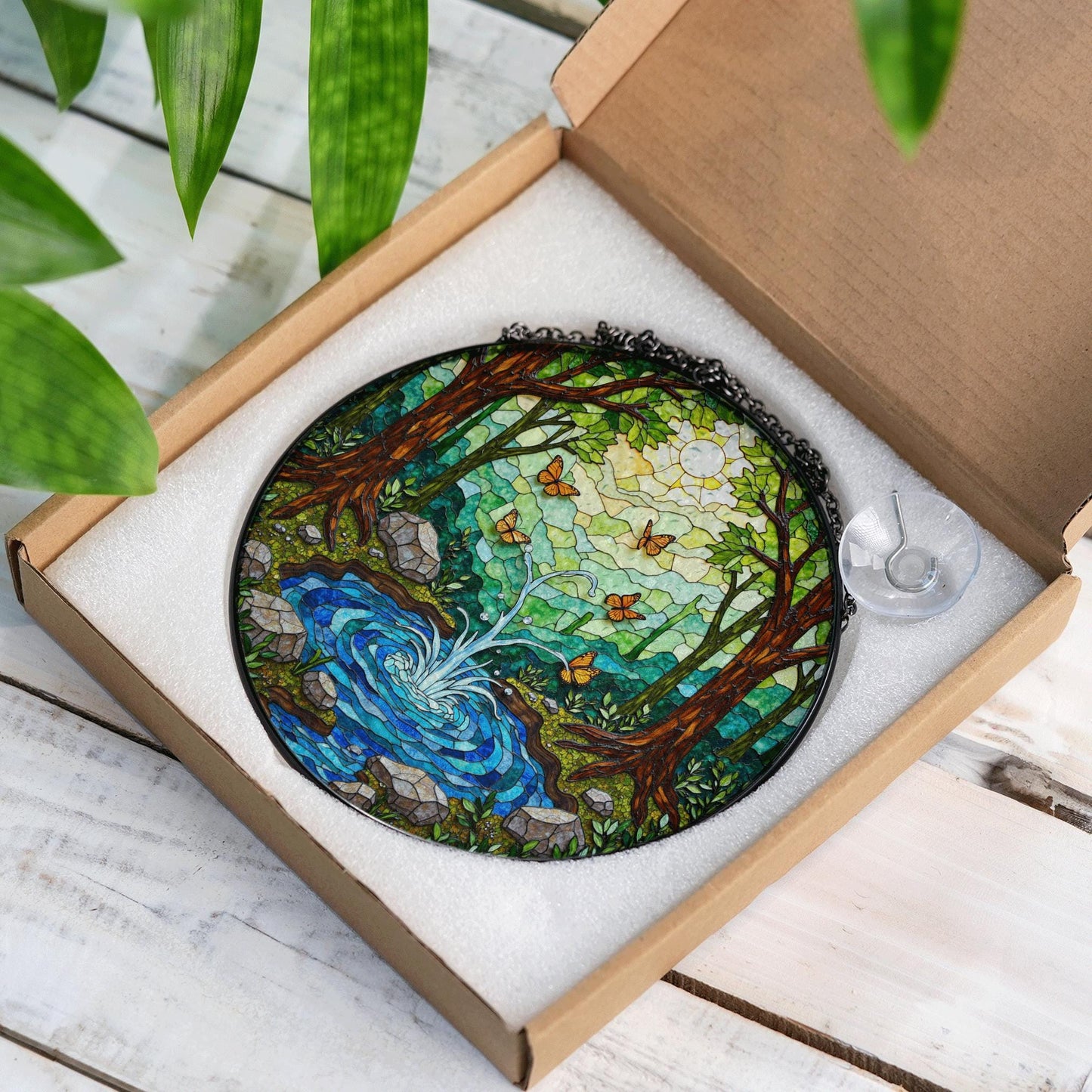 Forest pond butterflies scene stained glass round window suncatcher radiance nature art gift for mom housewarming friends
