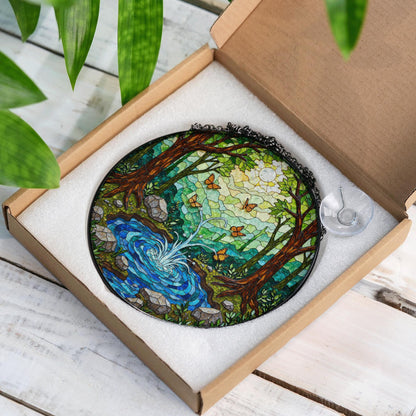 Forest pond butterflies scene stained glass round window suncatcher radiance nature art gift for mom housewarming friends