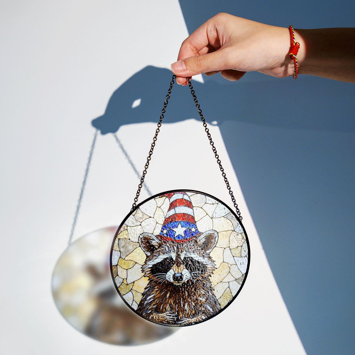 Patriotic raccoon mosaic art stained glass suncatcher window decor Fourth of July gift for wildlife lover