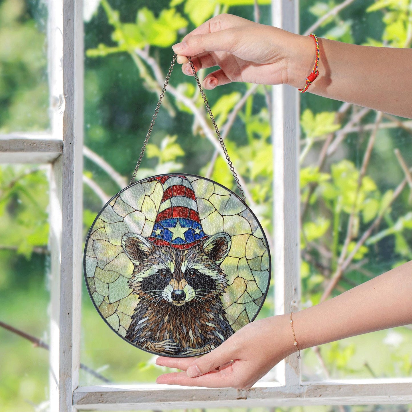 Patriotic raccoon mosaic art stained glass suncatcher window decor Fourth of July gift for wildlife lover