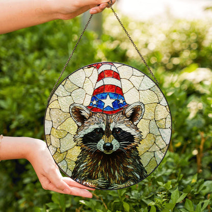 Patriotic raccoon mosaic art stained glass suncatcher window decor Fourth of July gift for wildlife lover