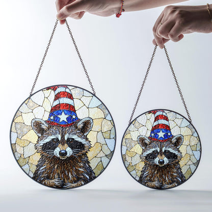 Patriotic raccoon mosaic art stained glass suncatcher window decor Fourth of July gift for wildlife lover