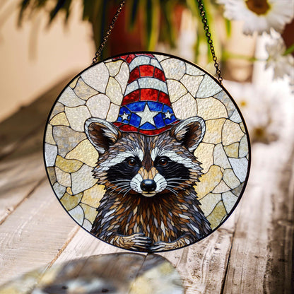 Patriotic raccoon mosaic art stained glass suncatcher window decor Fourth of July gift for wildlife lover