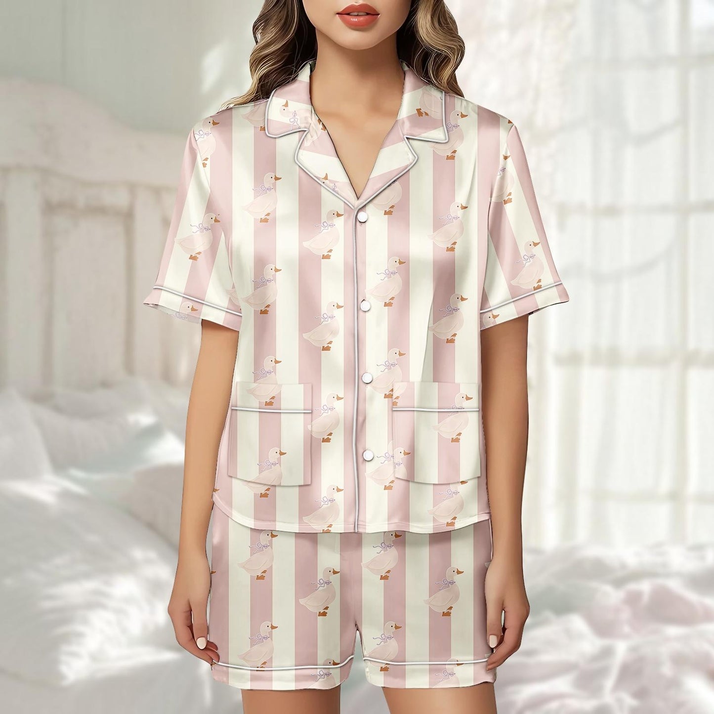 Cute Duck Satin Pajama Short Set, Pink Stripe Pjs For Women, Kawaii Loungewear, Summer Sleepwear, Pastel Aesthetic Pjs, Gift For Her